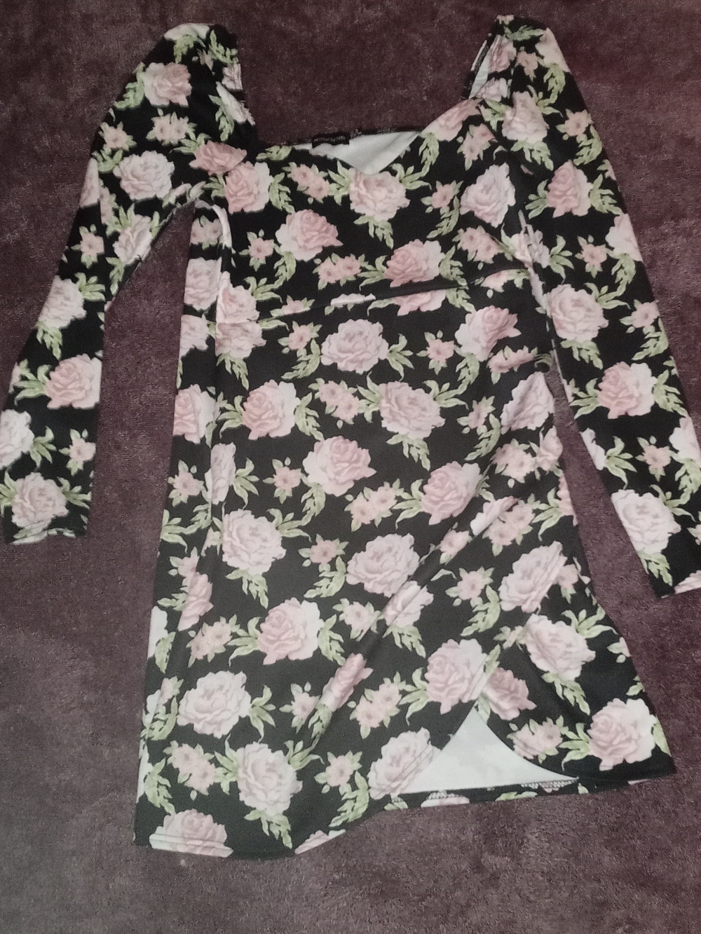 PrettyLittleThing Black Long-Sleeve Mini Dress with Pink Rose Print